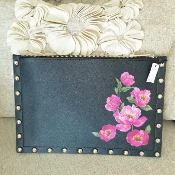 White House Black Market Black  Leather Silver Studded Pink Floral Clutch NWT - Picture 9 of 9